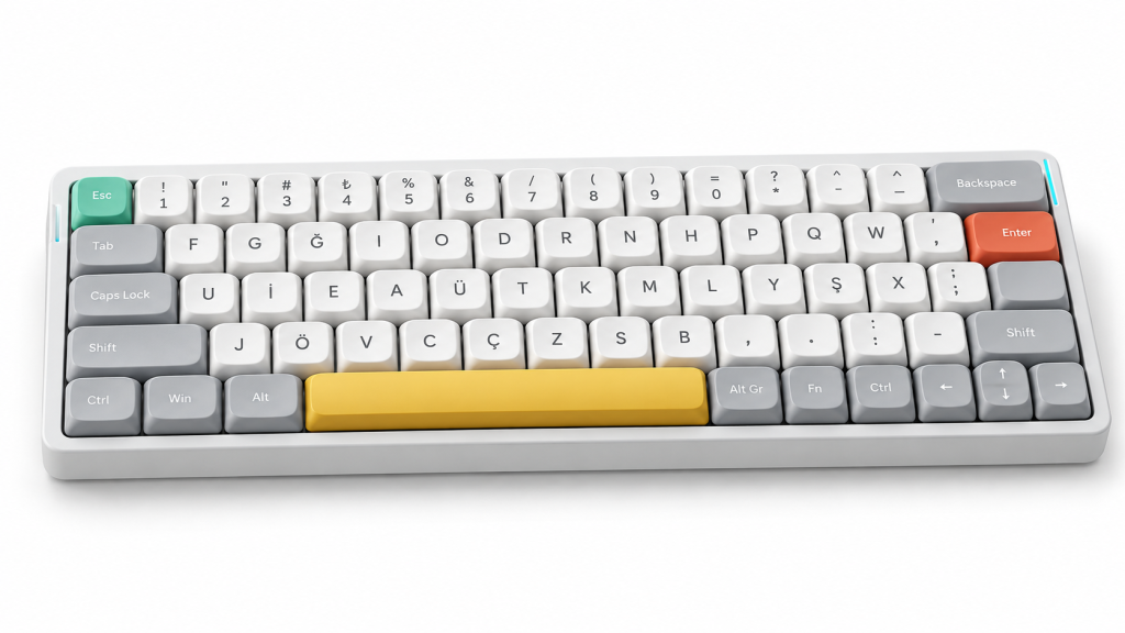 Beyaz ve gri tuşları, mint yeşili Esc, turuncu Enter ve sarı boşluk tuşuyla modern Türkçe F klavye